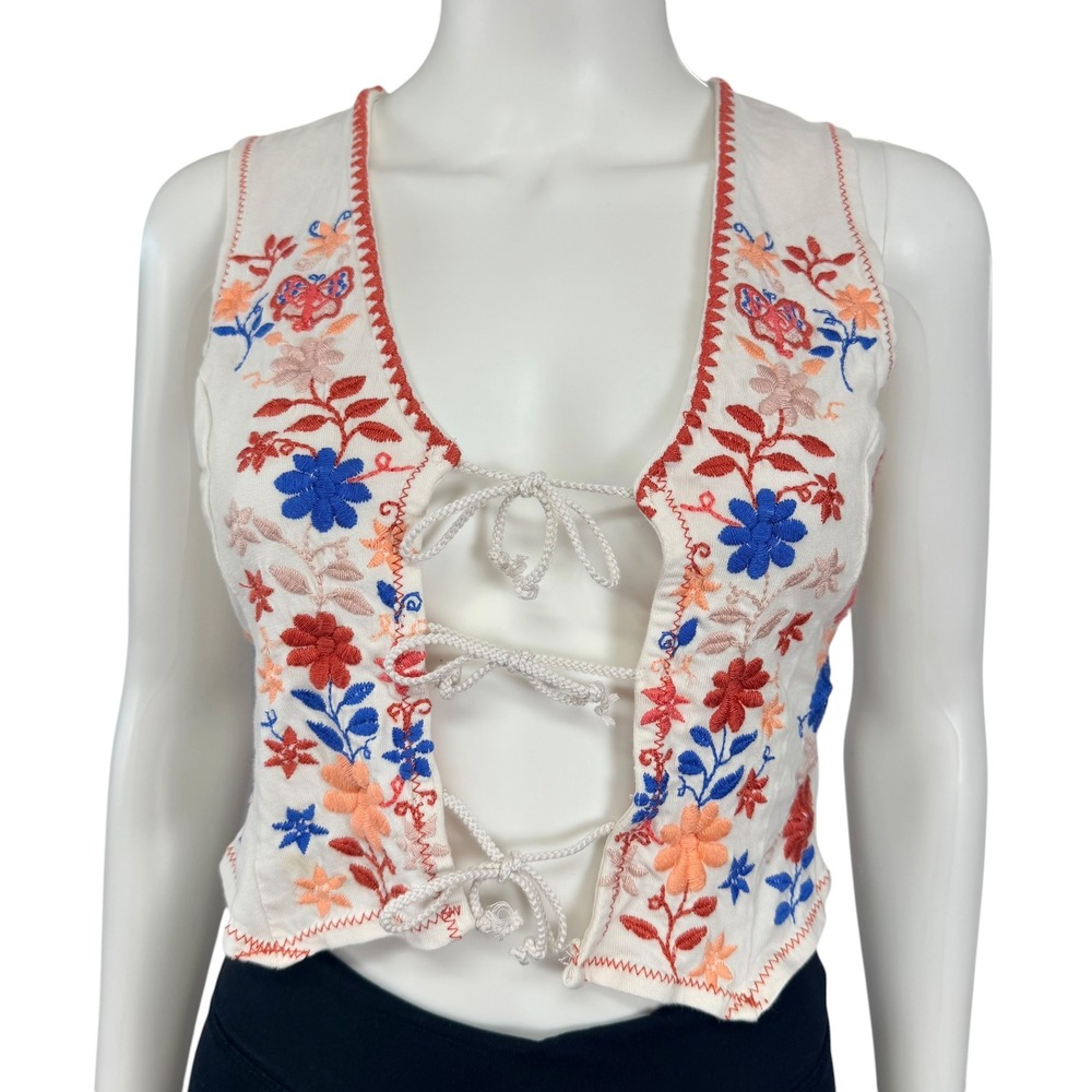 Free People Floral‎ Embroidered Tie Front Crop Vest Boho Cottagecore Festival XS